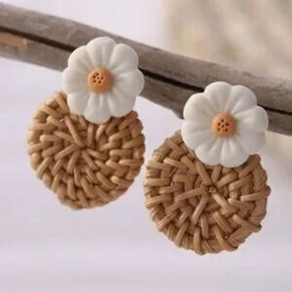 Boho Floral Clay Rattan Straw Earrings